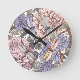 Horloge Ronde Dragonfly Peony rose clair violet français Floral