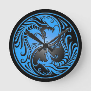 Horloge Ronde Dragons, bleu et noir de Yin Yang