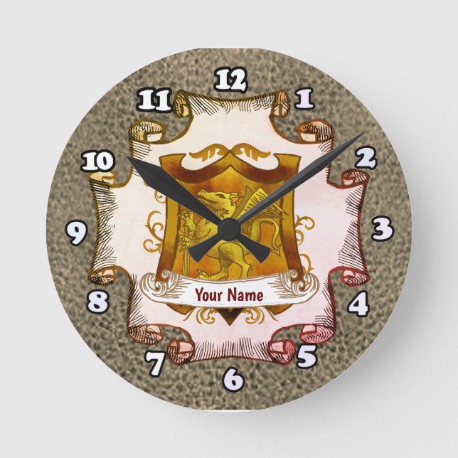Horloge Ronde Dragons Shield Famille Crest Nom (Recto)