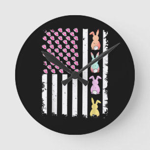 Horloge Ronde Drapeau américain avec lapin pour le jour de Pâque