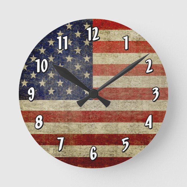 Horloge Ronde Drapeau américain patiné et en détresse (Recto)