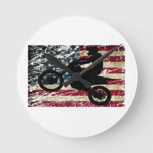 Horloge Ronde Drapeau Dirt Vélo USA Drapeau T-Shirt Motocross Dr