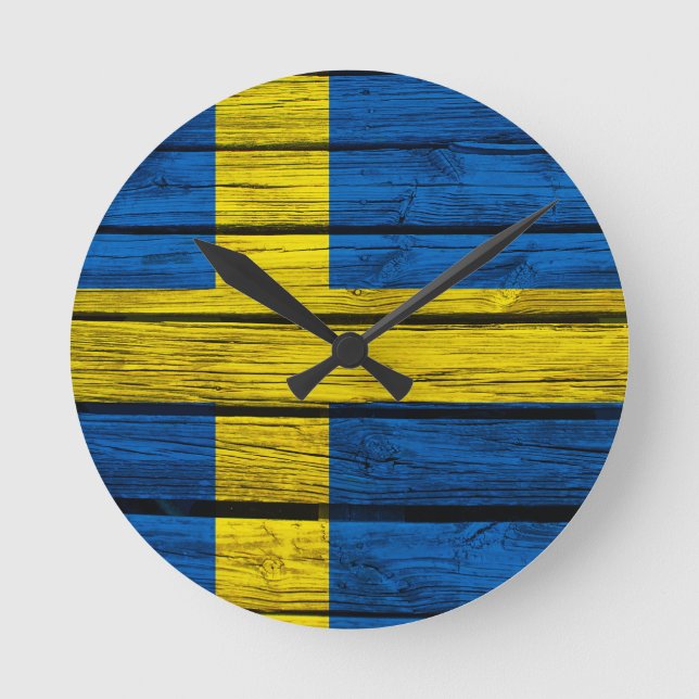 Horloge Ronde Drapeau suédois Bois rustique (Recto)