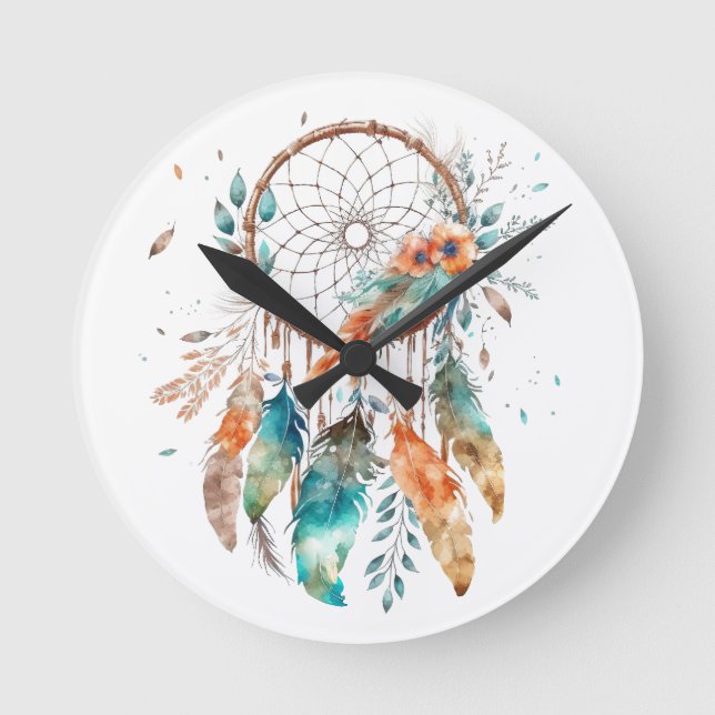 Horloge Ronde Dreamcatcher en aquarelle en plumes turquoises (Recto)