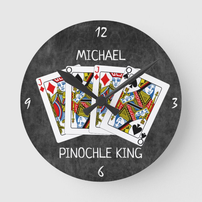 Horloge Ronde Drôle Pinochle King sur Noir (Recto)