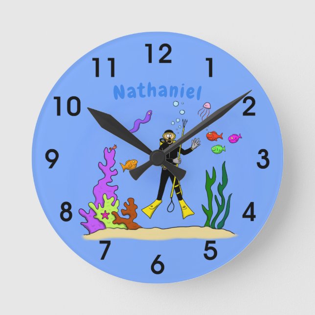 Horloge Ronde Drôle plongeur et poisson mer créatures dessin ani (Recto)