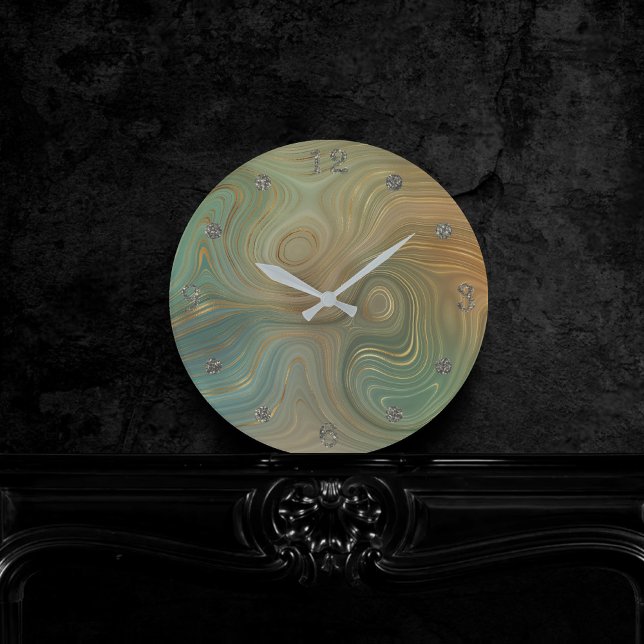 Horloge Ronde Earthy Olive Strata | Agate d'encre verte et dorée (Créateur téléchargé)