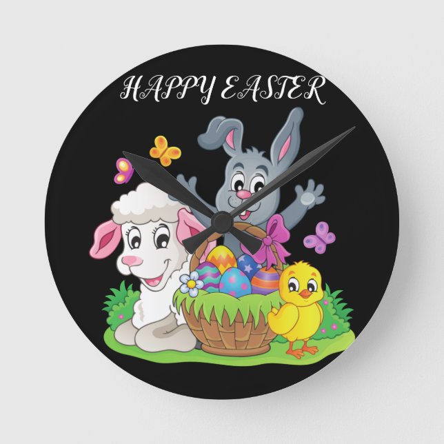 Horloge Ronde Easter rabbit, lamb & chick Acrylic clock. (Recto)