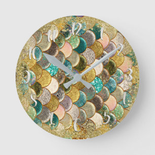 Horloge Ronde Écailles de sirène multicolore paillettes glamour 