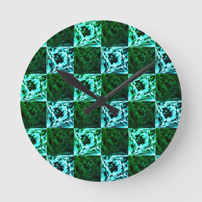 Horloge Ronde Échecs ou cyan vert et bleu ciel, avec rectangle (Recto)