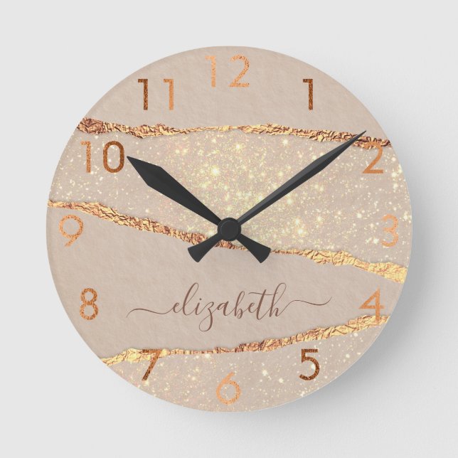 Horloge Ronde Écriture de nom d'agate en or beige (Recto)