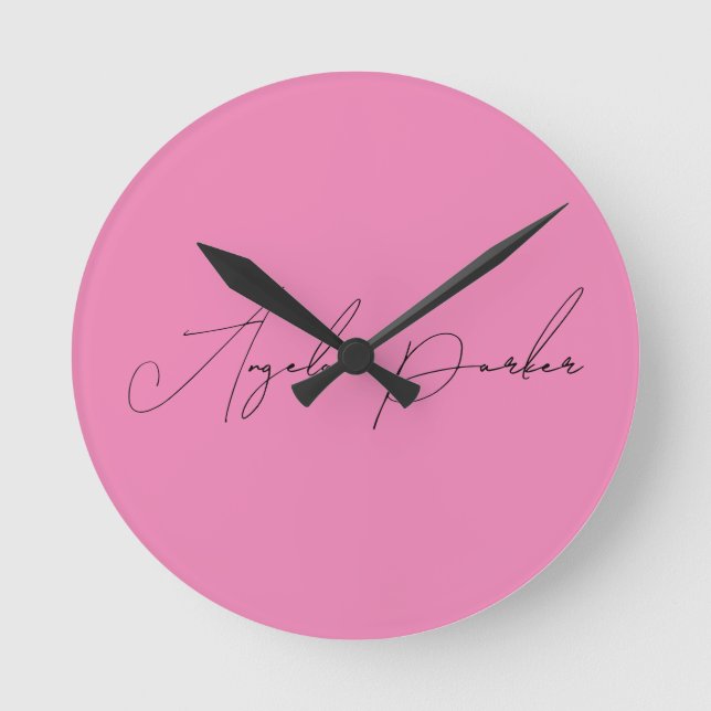 Horloge Ronde Écriture manuscrite Nom professionnel simple rose (Recto)