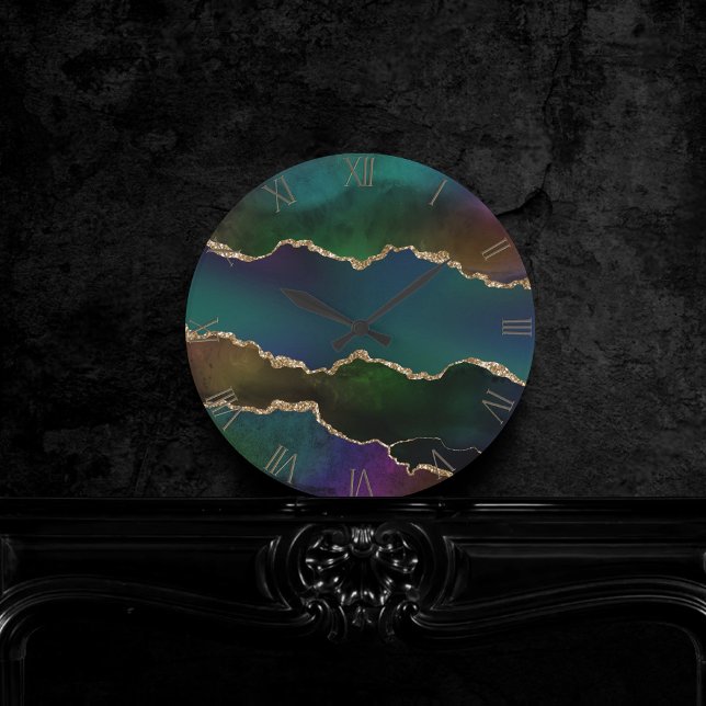 Horloge Ronde Edgy Agate | Sombre Moody Jewel Tone Mystic Turquo (Créateur téléchargé)
