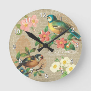 Horloge Ronde Élégance minable vintage rustique d'oiseaux et d
