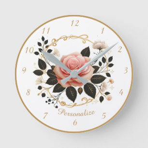 Horloge Ronde Élégance Rose Vintage Rose Pink Or Doré Floral Rom