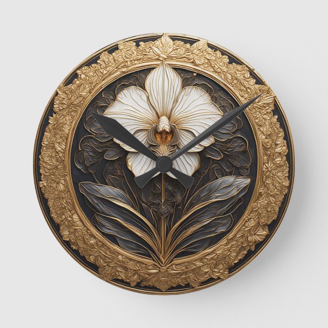 Horloge Ronde Elégant design orchidée dorée (Recto)