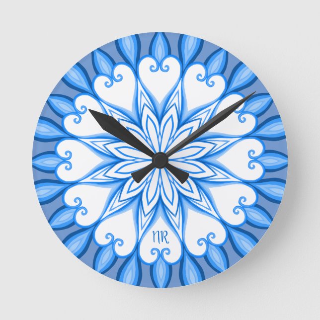 Horloge Ronde Elégant esthétique blanc & bleu Mandala Monogramme (Recto)