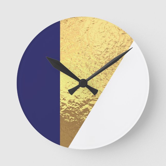 Horloge Ronde Elégant Faux Gold Navy Blanc Moderne Classique (Recto)
