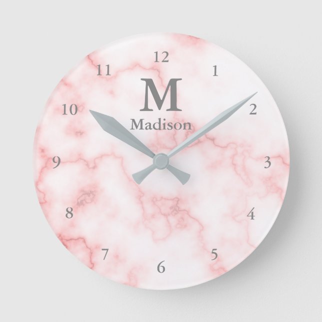 Horloge Ronde Elegant Faux Pink Marble Gray Name & Monogram (Recto)