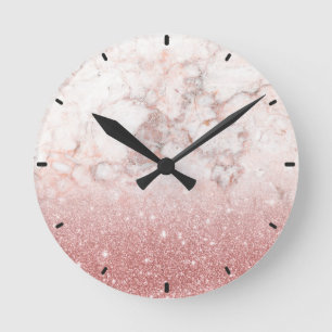 Horloge Ronde Elégant Faux Rose Gold Parties scintillant Marbre 