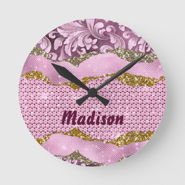 Horloge Ronde Élégant glitterie florale Monographie d'or rose vi (Recto)