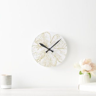 Horloge Ronde Elegant Gold Floral Line Art Minimalist Round