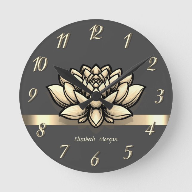 Horloge Ronde Élégant Lotus Chic Or, Yoga (Recto)
