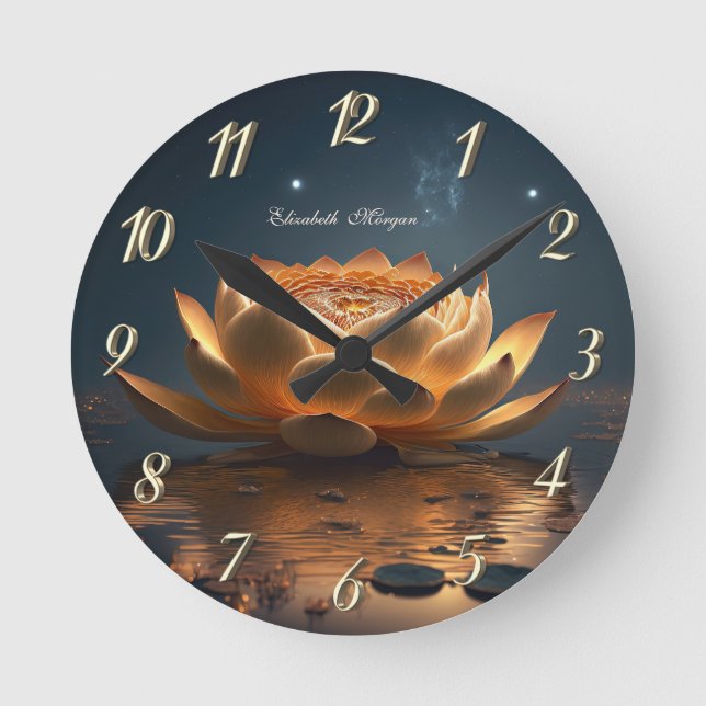Horloge Ronde Elégant Lotus Or, Sombre, Yoga (Recto)