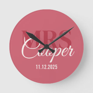 Horloge Ronde Élégant Mariage Couple Nom Rouge Ivoire Couleur