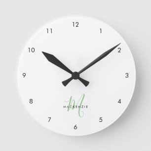 Horloge Ronde Élégant Monogramme moderne blanc vert Script