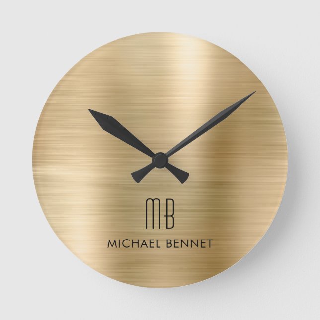 Horloge Ronde Élégant Monogramme Or Brossé Métallique (Recto)