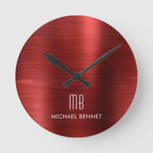 Horloge Ronde Élégant Monogramme Rouge brossé Métallique