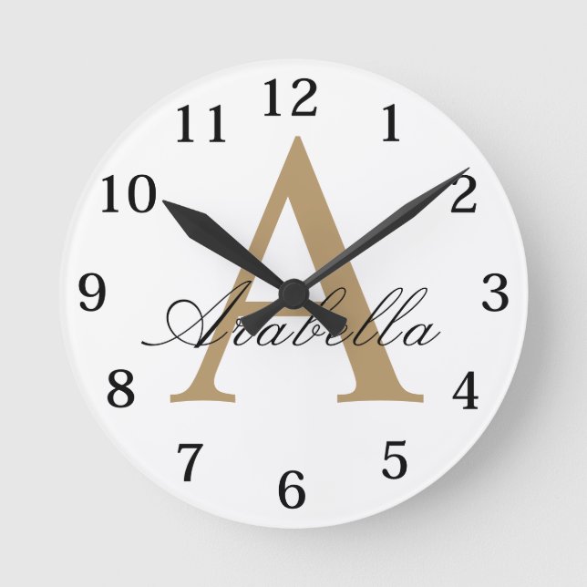 Horloge Ronde Élégant Noir Or Personnalisé Nom Monogramme (Recto)