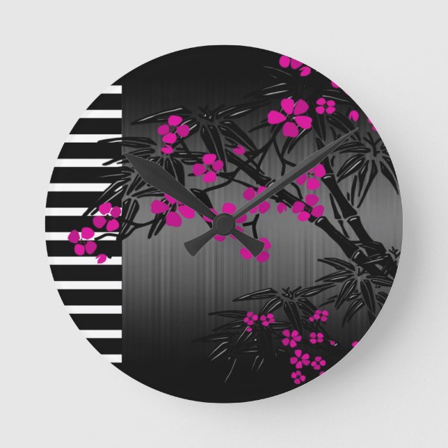 Horloge Ronde Elegant Pink Blossom Black Asian Bamboo (Recto)