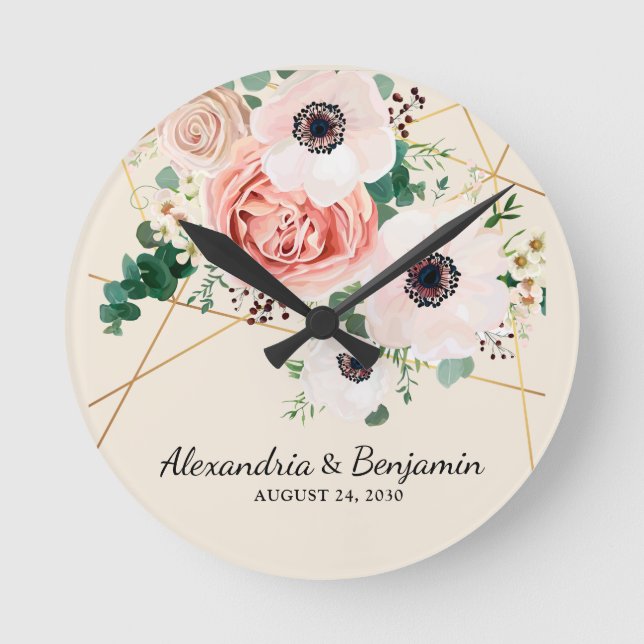 Horloge Ronde Elegant Pink Coral Blush Floral Botanical Custom (Recto)