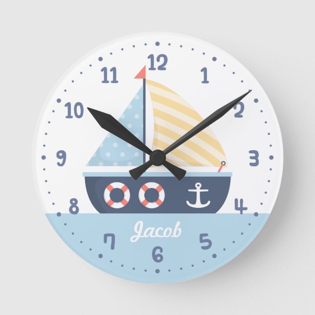 Horloge Ronde Elegant Sail boat Nautical Theme For Boys (Recto)