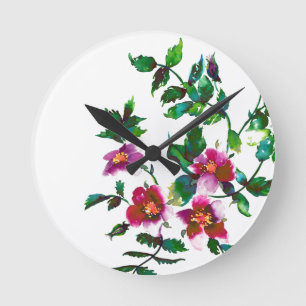Horloge Ronde Elégante aquarelle moderne fleur sauvage rose fonc