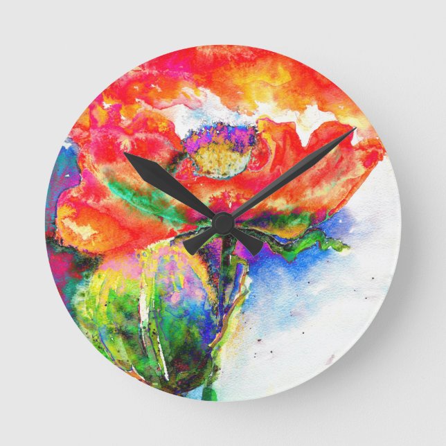 Horloge Ronde Elégante aquarelle rouge florale (Recto)