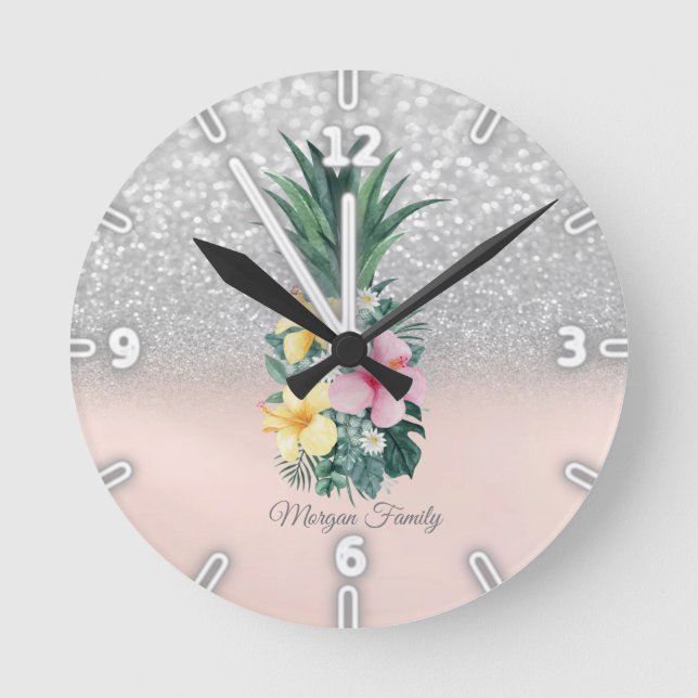 Horloge Ronde Elégante Fleurs d'ananas Parties scintillant d'arg (Recto)