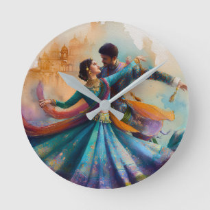 Horloge Ronde ✨Élégante œuvre d'art aquarelle de danse Kathak en