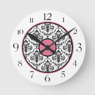 Horloge ronde élégante rose de damassé noire et