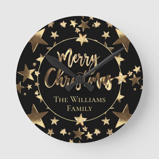 Horloge Ronde Élégantes Black and Gold Stars Joyeux Noël (Recto)