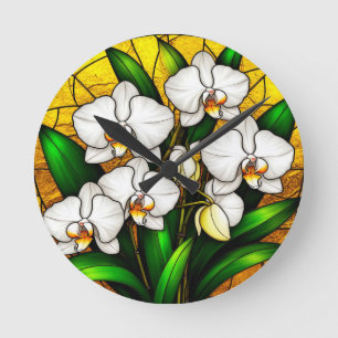Horloge Ronde Élégants orchidées blanches en verre teinté