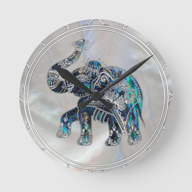 Horloge Ronde Eléphant encadré d'argent sur Abalone et Pearl (Recto)
