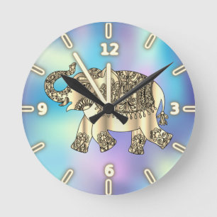 Horloge Ronde Éléphant floral à motifs cachemire or et bleu holo