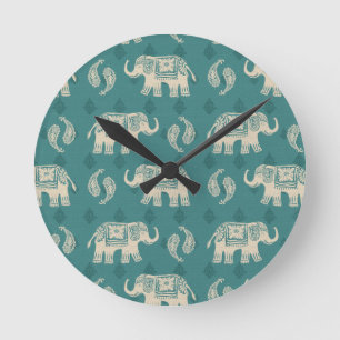 Horloge Ronde Elephant Teal Caravan Pattern