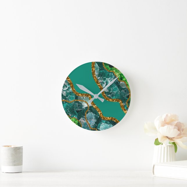 Horloge Ronde Emerald Green & Gold Agate Parties scintillant (Maison)