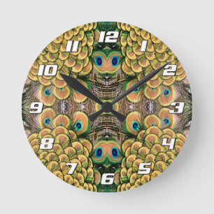 Horloge Ronde Émeraude Vert et Or Peacock Feathbers