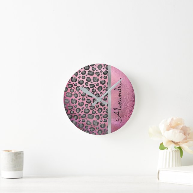 Horloge Ronde Empreinte de léopard Glittery sur brillant rose ch (Maison)