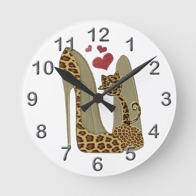 Horloge Ronde Empreinte de léopard Stiletto Chaussures et Coeurs (Recto)